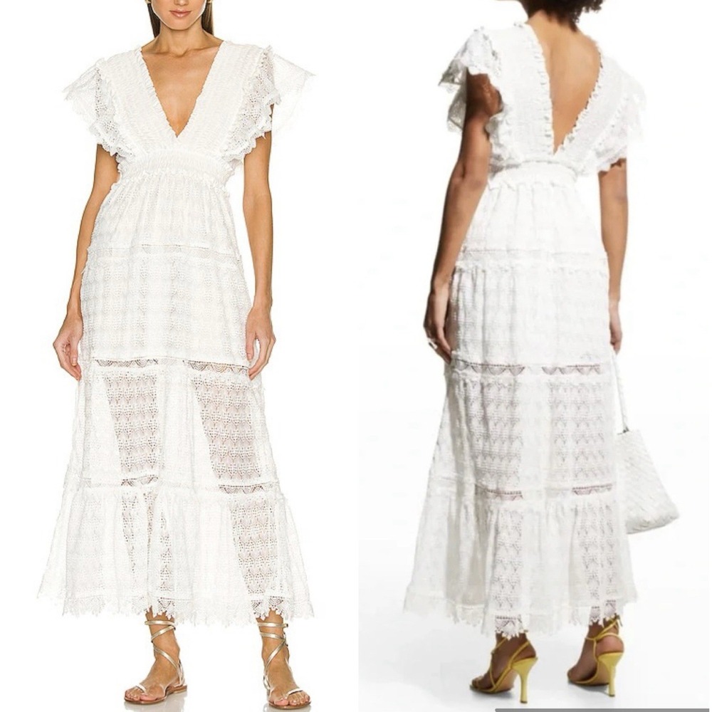 Waimari Florence Crochet Lace V-Neck Maxi Dress Boho Romantic Wedding Sz S